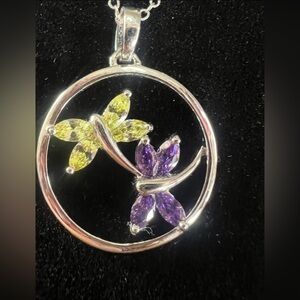 Sterling Silver AMETHYST / PARIDOT DRAGONFLY  NECKLACE 18” ~3.19